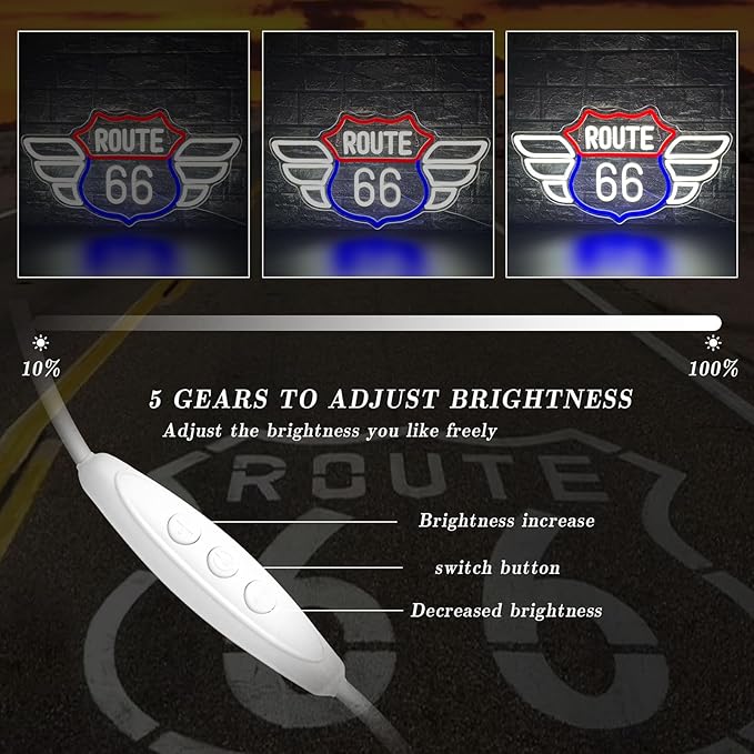 Route 66 Neon Sign Vintage Route 66 Garage Wall Decor Dimmable Us High Way Led 66 Road Sign for Man Cave Garage Neon Lights for Bedroom Party Gift