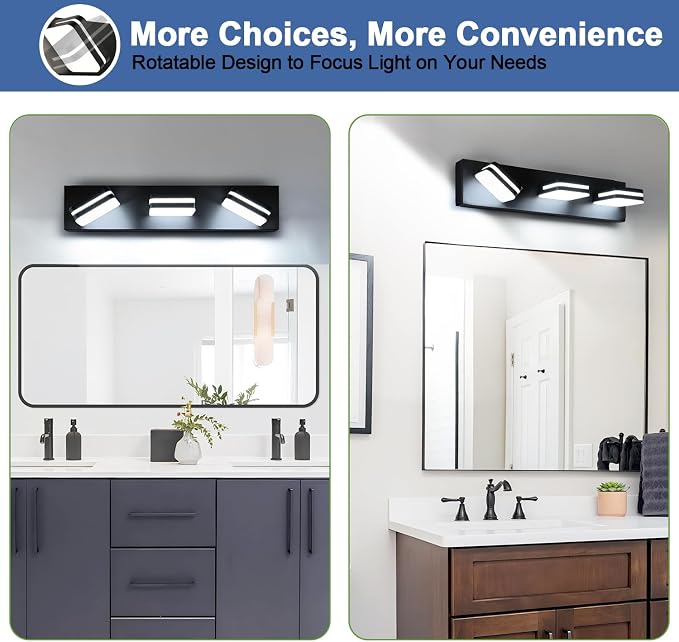 Torondo 360° Rotate LED Bathroom Vanity Light Fixtures, Acrylic Vanity Lights for Bathroom, Modern Wall Lighting Fixtures Over Mirror Living, Matte Black, Natural White, 3-Light, 23.6-Inch