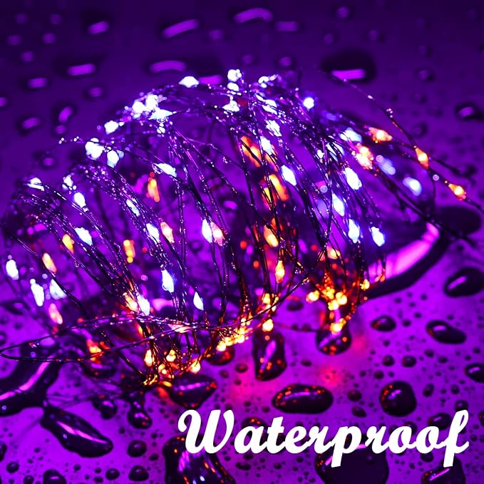 Lomotech Orange Purple Halloween Solar Lights, 2 Pack Total 66ft 200 LED | Solar Fairy Lights, Waterproof Outdoor Twinkle Lights with 8 Modes for Garden, Porch, Trees, Halloween Decor (Black Wire)