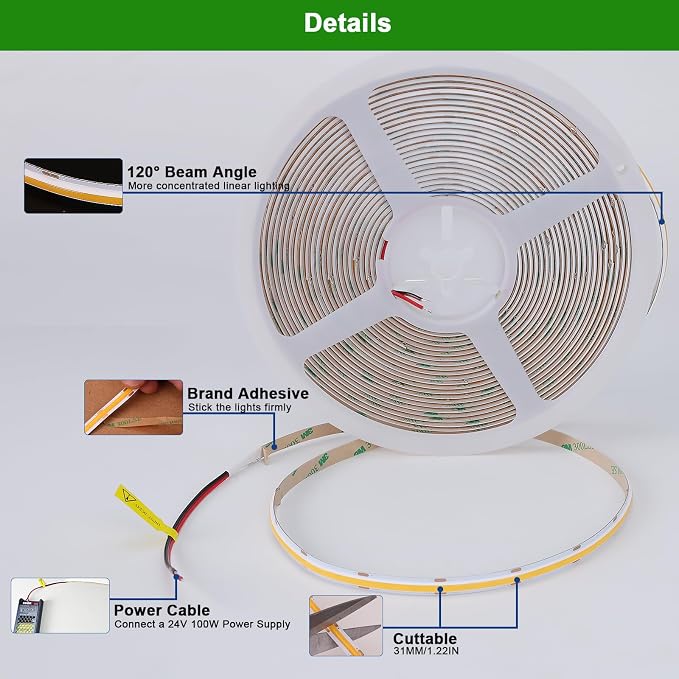 JOYLIT COB LED Strip 24V 32.8FT 4000K Dimmable for Cabinets, Closets | CRI 90+, 120° Narrow Beam, 384 LEDs/m Natural White, Dot-less No Dark Spot, Cuttable , Easy Peel & Stick ( Strip Only )