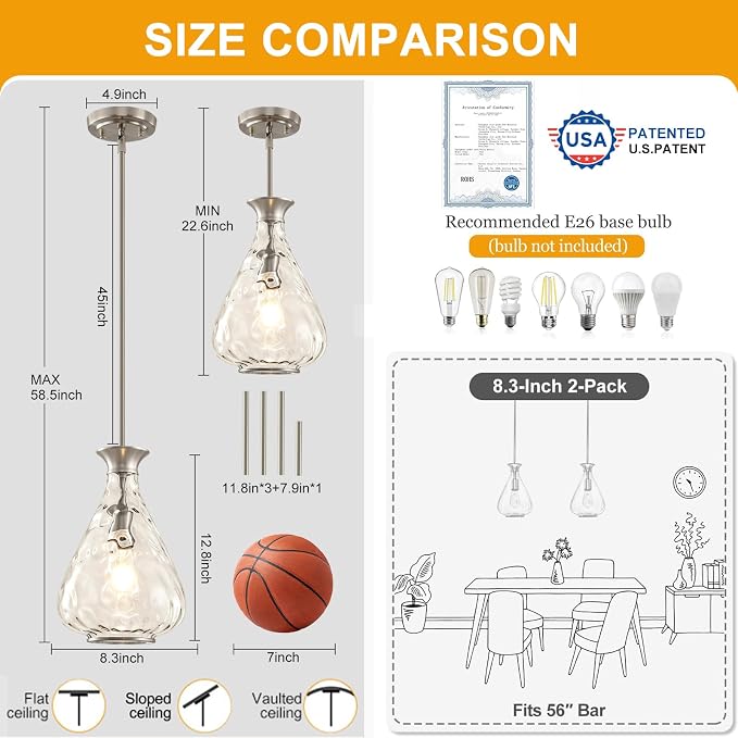2 Pack Modern Pendant Lights Kitchen Island,Brushed Nickel Pendant Light Fixtures with 8.5" Clear Hammered Glass Shade,Industrial Hanging Pendant Lights Fixture for Kitchen Island Dining Room Entryway