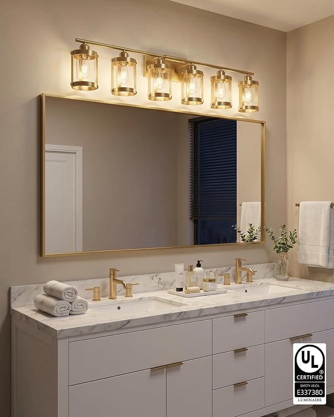6-Light Brushed Gold Bathroom Light Fixtures Over Mirror with Clear Glass and Metal Cage Shade, 42" UL-Listed Modern Farmhouse Wall Sconce for Bath, Hardwire E26, OS-3014BG-6W