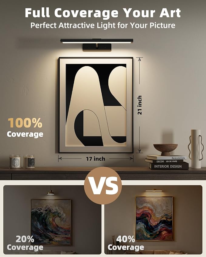 EZVALO Picture Light for Wall, 4800mAh Rechargeable Wireless Black Lights for Painting, 16In Dimmable Magnetic LED RGB Art Display Light, Colors Temperatures, for Gallery, Living Room, Hallway