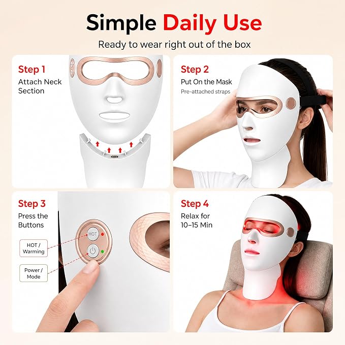 Red Light Therapy for Face and Neck, Cordless LED Face Mask | 7-Color Multi-Mode Skincare Device, Detachable Neck Panel, 3-Level Warming, Rechargeable for Home Use