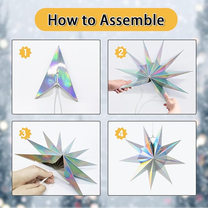 5Pack 9-Pointed Paper Star Lanterns 11.8 Inch Iridescent Hanging Paper Lampshade for Winter Wonderland, Christmas Holiday, Weddings, Frozen Birthday Party Celebration Decor