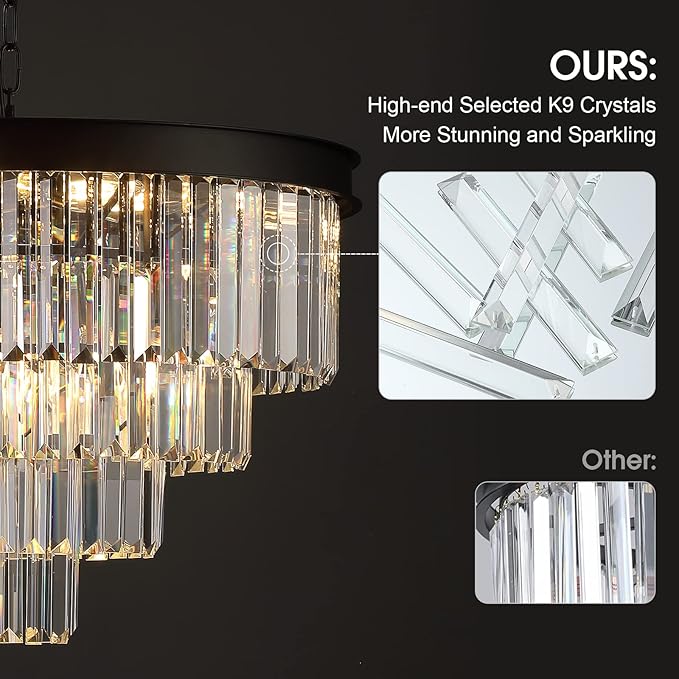 Modern Crystal Chandeliers 24" Round Top K9 Crystals Chandelier Adjustable Ceiling Light Fixture 4-Tier K9 Crystal Pendant Lamp 12-Light for Dinning Room Living Room Foyer