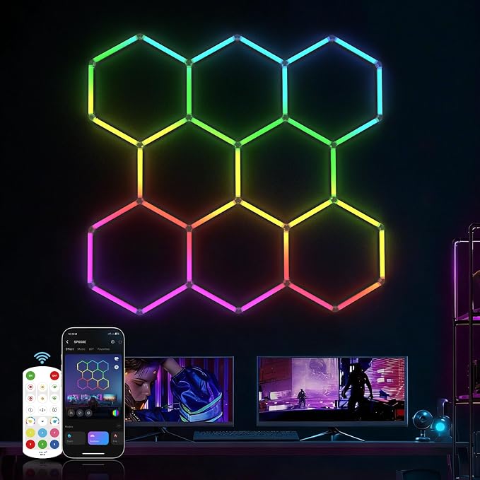 HYPERLITE Hexagon Garage Lights: Gen IV-8 Grid Hexagon LED Lights with Music Sync Mode, App & Remote Control, Multi-Color Honeycomb Light for Gaming Room, Gym, Garage