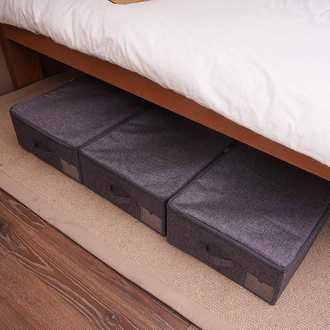 Folding Fabric Rigid Under Bed Closet Storage Bins with Zip Lid,Black Gray | Under bed Storage Boxes for Bedding/ Clothes/ Duvets/ Blankets/ Shoes, Hard Plastic Boards inside, 4 Handles, Washable