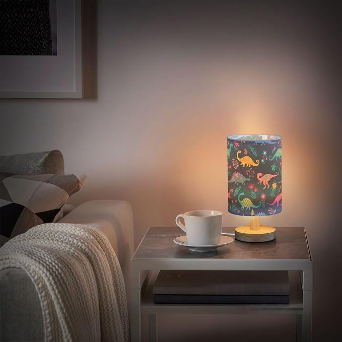 Table Lamp Dinosaur Floral Pattern Nightstand Lamp with Wood Base Fabric Lamp Shade Bedside Desk Lamp for Living Room Bedroom Kids Room Office