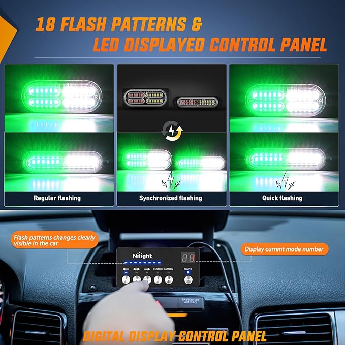 Nilight 8PCS Led Strobe Lights with Controller 12V 24V Sync Feature Green White Emergency Hazard Warning Light 12 24 LED Surface Mount for Vehicle Car Truck RV ATV