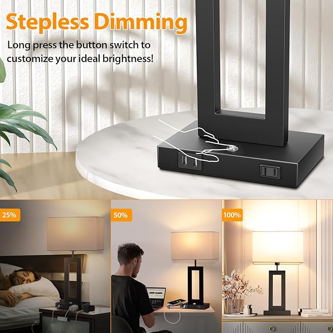 3 Color Temperatures Table Lamps for Bedrooms Set of 2, 22’’ Touch Control Bedside Nightstand Lamps with 2 USB Ports & AC Outlet, Stepless Dimmable Lamps with White Shade, Modern Decor for Living Room