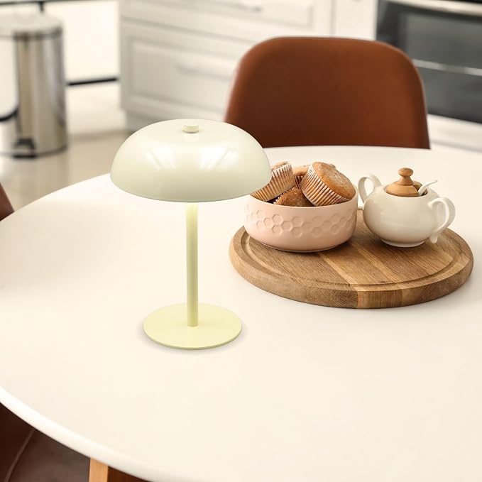 Cordless LED Mushroom Table Lamp, 5200mAh Battery, Dimmable 3 Color, White | Small, 8.46in, Portable, Easy to Assemble, Metal structure, Rechargeable, Suitable for bedroom, café, and bar counter