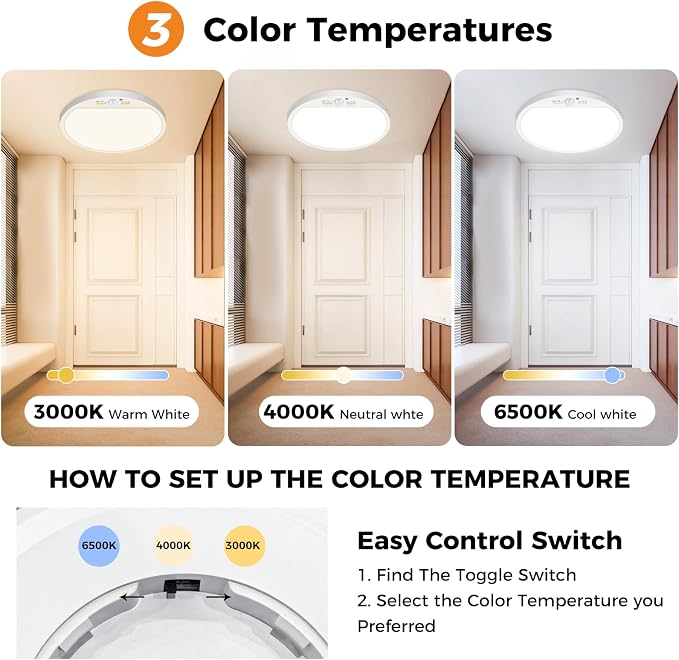 slochi 2Pack Motion Sensor Light Indoor Wired, 12 Inch 3000K/4000K/6500K Closet Lights Motion Sensored, 24W 2400LM Flush Mount Ceiling Light for Hallway Pantry Stairwell Porch, White
