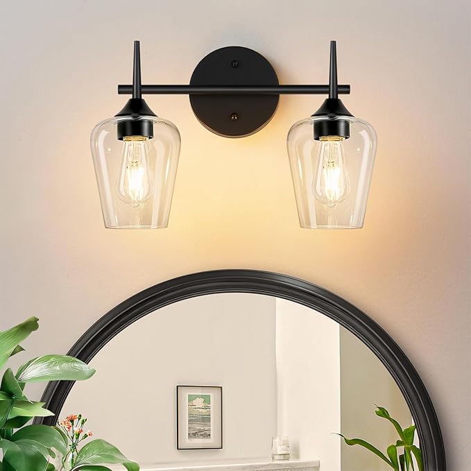 2-Light Bathroom Light Fixtures, Black Vanity Lights for Bathroom with Clear Glass, Bathroom Lighting Fixtures Over Mirror, Modern Wall lamp for Cabinet Hallway