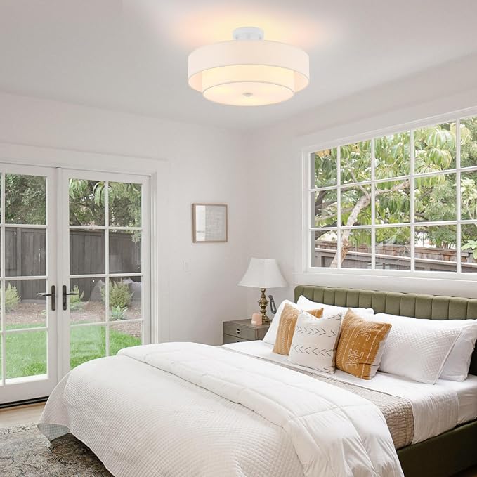 18" White Semi Flush Mount Ceiling Light, Linen 3-Light Fixture | White Linen Double Drum Shade, Modern Style For Bedroom,Hallway, Kitchen And Laundry; Close-To-Ceiling, E26, Easy Install