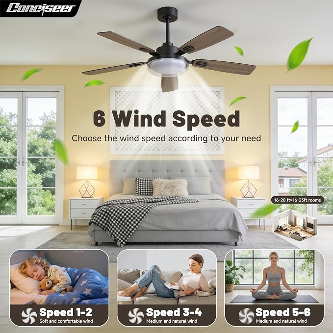 52 Inch Ceiling Fans with Lights and Remote, Bedroom Living Room Kitchen Office, 5CCT Dimmable,Dual Color 5 Blades, 6 Speed Reversible Quiet DC Motor, Double-Layer Lampshade, Black/Wood Grain