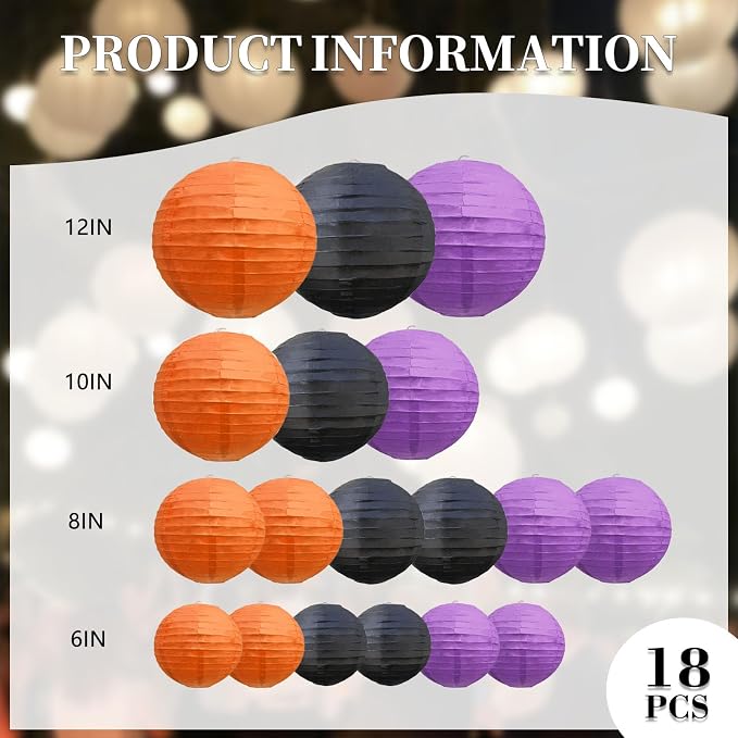 20Pcs Black Orange Purple Paper Lanterns for Parties, 6” 8” 10” 12” Chinese Asian Hanging Round Paper Lanterns for Birthday Wedding Halloween Christmas Home Decor Party Decor