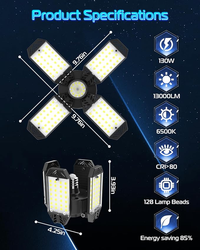 LED Garage Light - 6 Pack 130W 13000LM Deformable 4+1 Panel LED Garage Ceiling Lights with Transformer, E26/27 Base, 6500K Daylight White Shop Lights for Factory, Storage Room, Warehouse