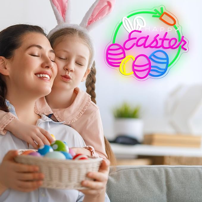 LISIGNVE Easter Neon Sign for Wall Decor Happy Easter Neon Lights with Cute Bunny Eggs LED Rabbit Carrot Light Signs for Bedroom Party Home Bar