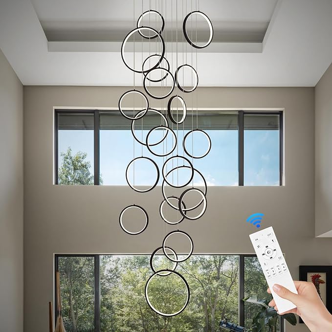 20 Ring High Ceiling Chandelier Foyer, Black Modern LED Large Staircase Long Chandeliers Light Fixture with Remote for Staircase Entryway Living Room Dining Room(118in, 3000K-6500K)