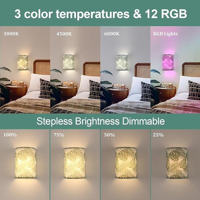 Shenmoyl Adhesive Battery Operated Wall Sconce Set of 2, 5000 mAh Battery Rechargeable Bulb with 12 RGB Colors, Stick on Wall Sconce No Drill Wall Lights, Pattern