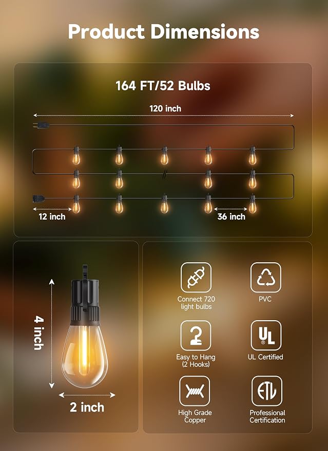Minetom 164FT Outdoor String LED Patio Lights Waterproof,Shatterproof S14 Vintage Edison Bulbs,Commercial Grade Outside Hanging Lights Waterproof for Porch Deck Garden Backyard Balcony Cafe Bistro