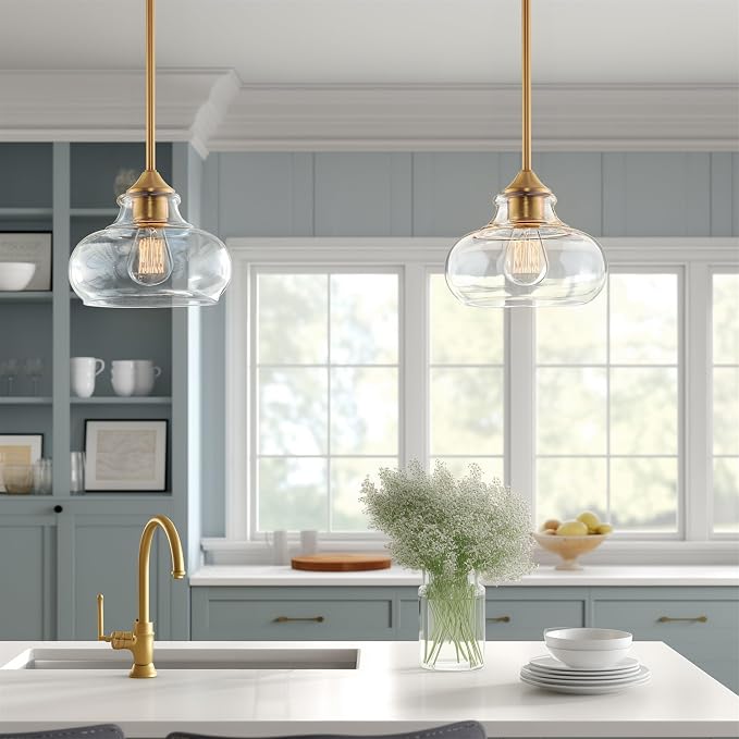 Kira Home Harlow 9" Modern Schoolhouse Pendant Light for Ktichen Island | Clear Glass Shade, Industrial Farmhouse Hanging Fixture, Premium Warm Brass Finish