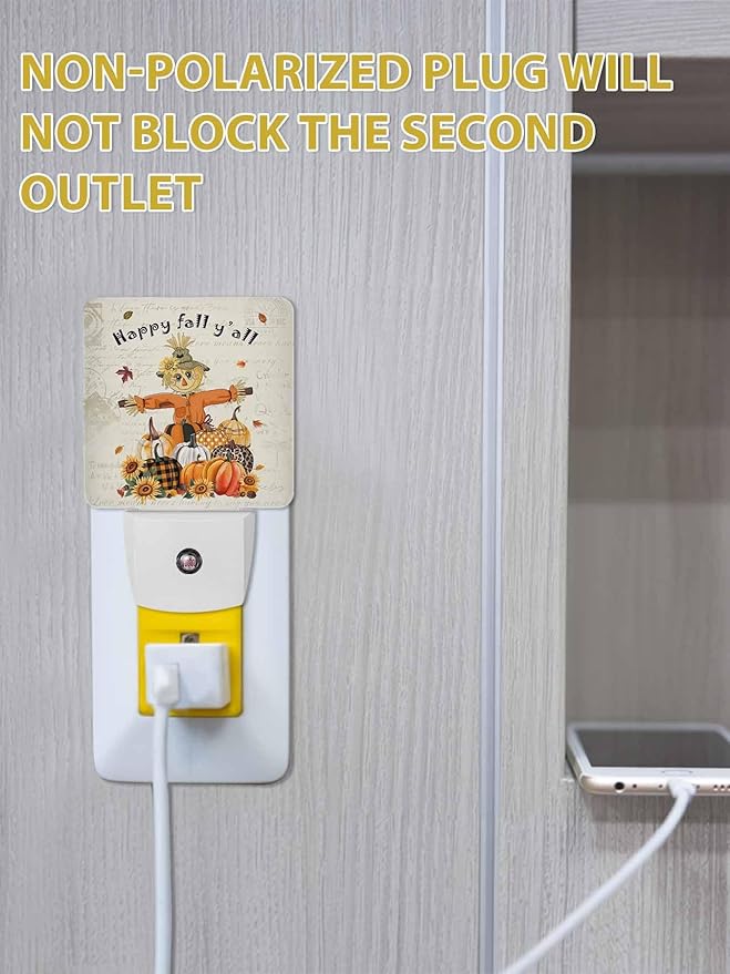 Thanksgiving Night Lights Plug into Wall LED Night Light Autumn Pumpkin Vintage Automatic Dimmable Dusk-to-Dawn Square Shaped Smart Nightlight for Bathroom/Bedroom