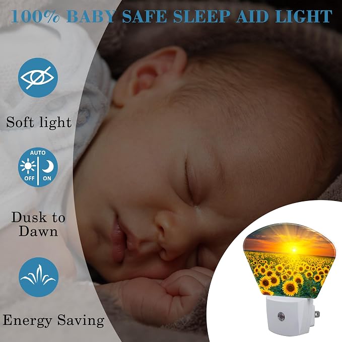 Sunflowers and Sunrise Night Light Plug into Wall, Sunflower Fields Night Light with Dusk to Dawn Sensor for Kid Girls Boys Women Men Room, Hallway, Kitchen, Bathroom, Stairs Decor