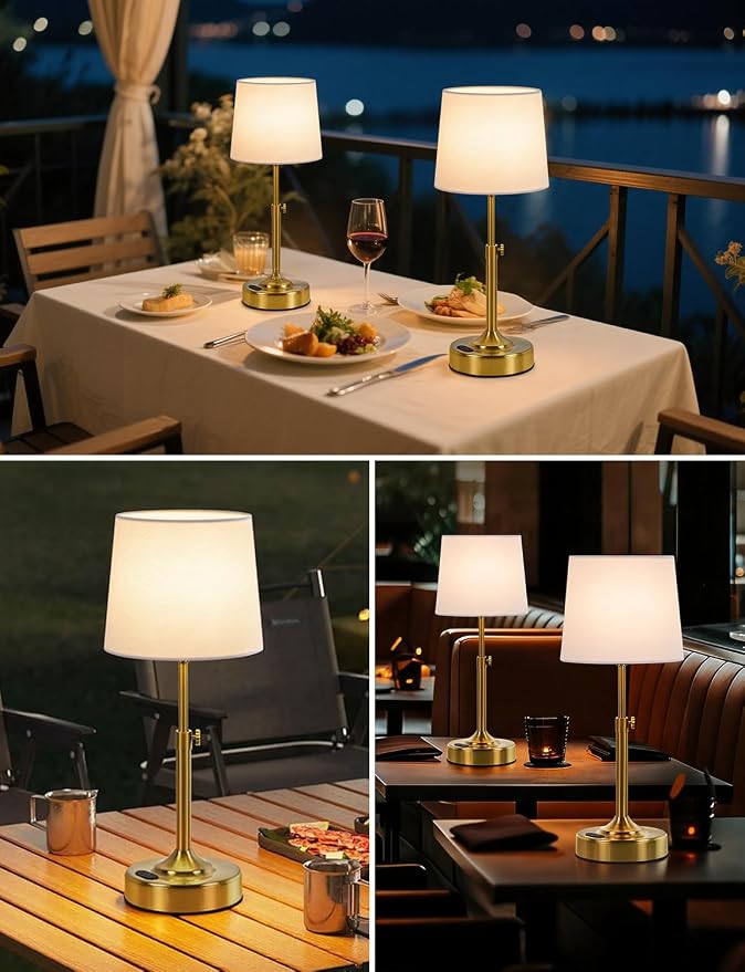 Height Adjustable Rechargeable Table Lamp with Timer, Dimmable Cordless LED Desk Lamp, 4000mAh Battery Operated Table Lamps, Gold Wireless Touch Nightstand Lamp for Kitchen Counter Coffee Table Office