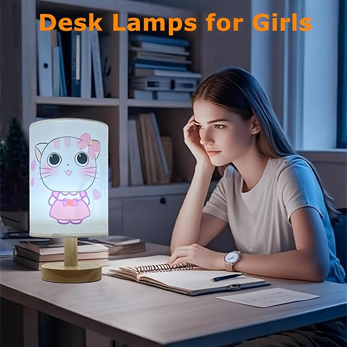 Cat Lamp,Cute Kitty Bedside Table Lamps for Girls Room 3 Color Dimmable Kids Nightstand Night Light with Pink Cartoon Shade Cats Desk Lamp for Girls Boys Cat Lovers Room Nursery Decorative Lights