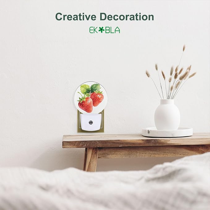 EKOBLA Strawberry Night Light, Cute Red Fruit Watercolor Night Lights Plug Into Wall with Auto Sensor for Home