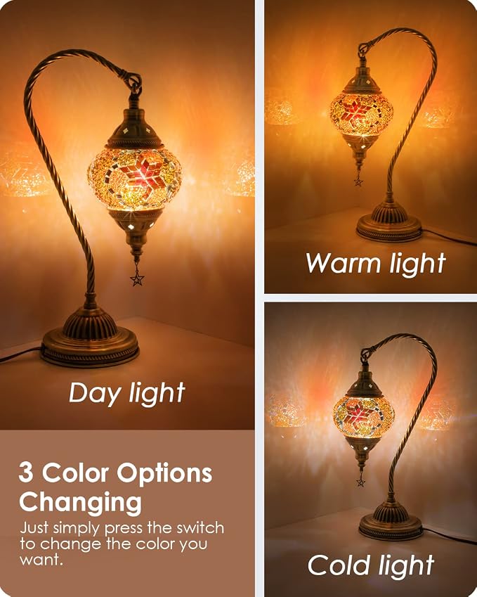 Yarra-Decor Turkish Moroccan Lamp with Bronze Base 3 Color Options Handmade Swan Neck Mosaic Glass Bedside Lamps for Bedroom (LED Bulb Included)(Red2)