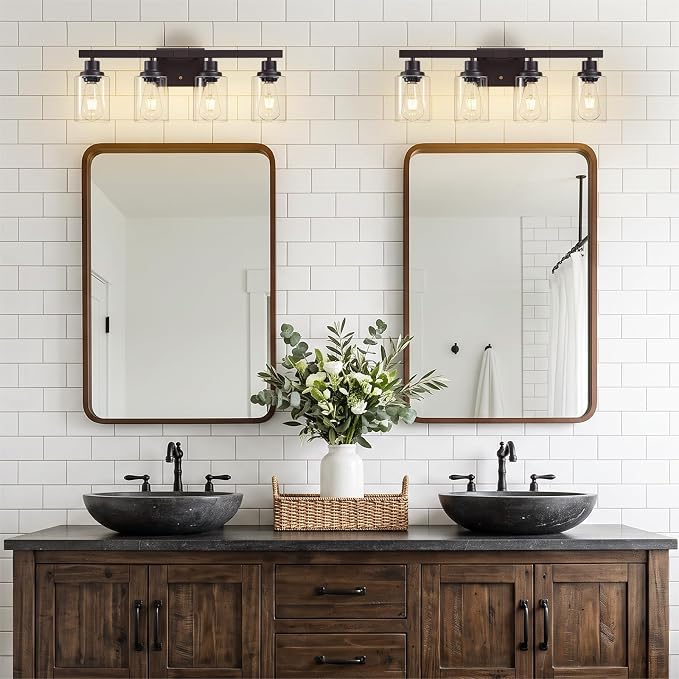 Oil Rubbed Bronze Vanity Lights for Bathroom,4-Light 24" | Bathroom Light Fixtures,Modern Bronze Bathroom Lighting over Mirror,Clear Glass Shades,over Sink