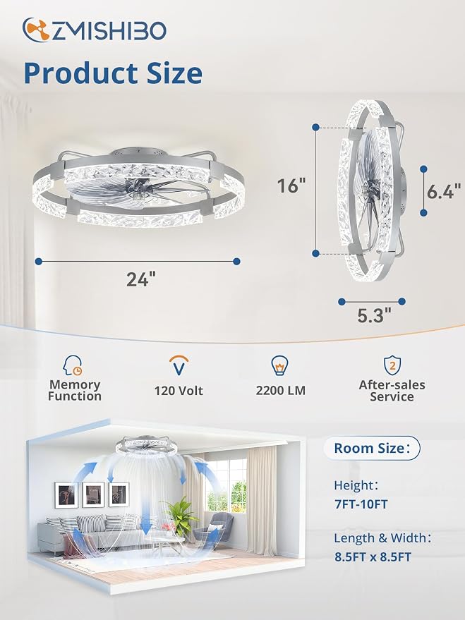 ZMISHIBO 24 Inch Ceiling Fans with Lights, Flush Mount Remote & App Control | 3CCT Dimmable LED, DC Motor, Bladeless, Reversible Blade, 6 Speeds, Modern, Low Profile, Enclosed, Bedroom, Kids, Girl, Adult