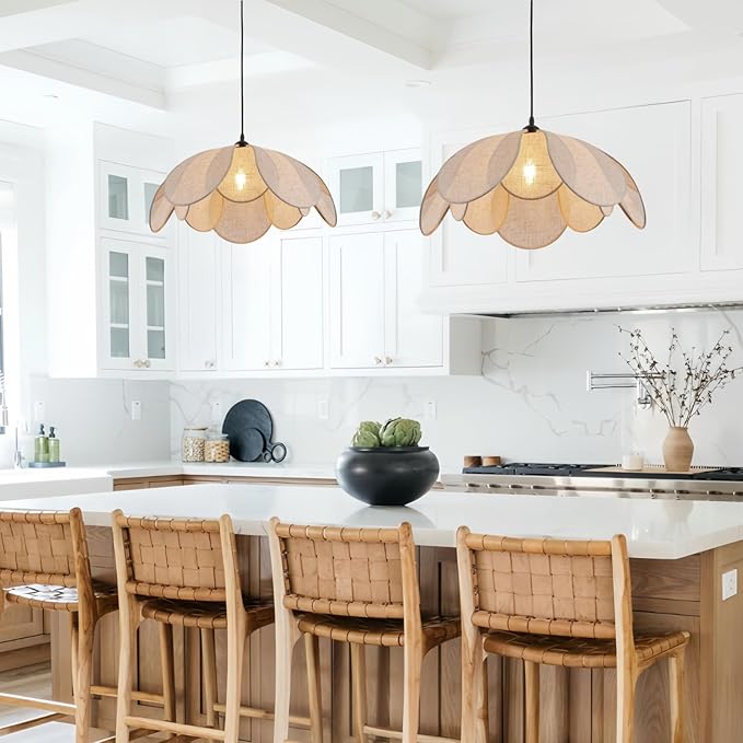 Large Linen Chandelier Fixture, 22in Rattan Chandelier Fixture, Woven Boho Coastal Pendant Lights, Wicker Hanging Ceiling Lights for Dining Room, Kitchen Island, Living Room, Bedroom