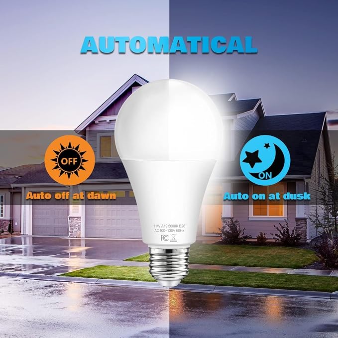Dusk to Dawn Light Bulbs Outdoor 100 Watt Equivalent, 11W Automatic On/Off Sensor Light Bulb Daylight 5000K, A19 Outdoor LED Light Bulbs Photocell for Porch Garage Yard Security, E26 Base, 12-Pack