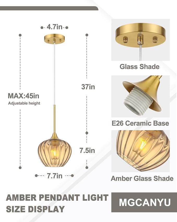 2-Pack Amber Glass Pendant Lights for Kitchen Island, 7.7" Modern Pendant Lighting Vintage Gold Light Fixtures Adjustable Hanging Light for Kitchen, Dining Room, Bar, Bathroom
