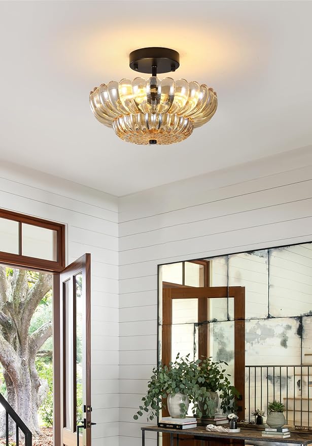 Semi Flush Mount Ceiling Light, Vintage Black Close to Ceiling Light Fixture with Glass Shade, Mid Century Modern Lighting for Bedroom Hallway Kitchen Laundry-Amber