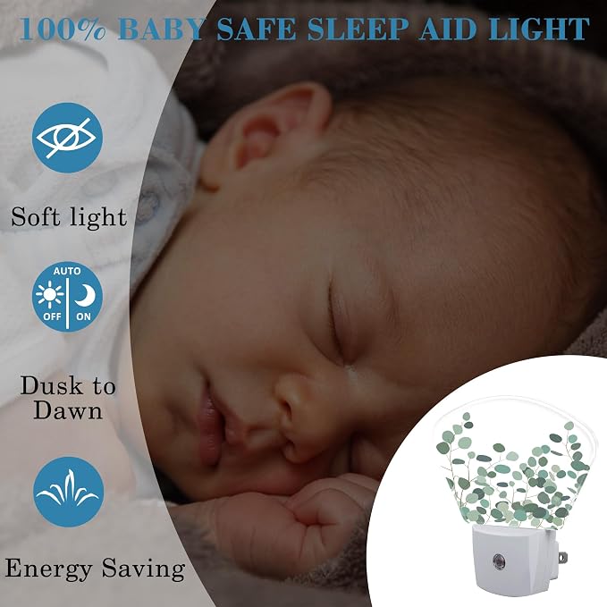 Green Eucalyptus Night Light for Kids Girls Boys, Watercolor Eucalyptus LED Night Light Plug into Wall with Dusk to Dawn Sensor for Room, Hallway, Kitchen, Bathroom, Stairs Decor