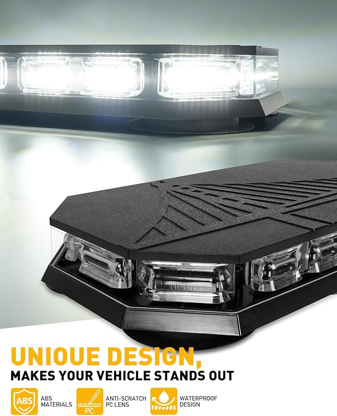 HLauto 406D Rooftop Emergency Strobe Lights Bar, 102 LED White Mini Beacon Safety Flashing Warning Traffic Lights Bar w/Magnetic Base for 12-24V Trucks, Construction Vehicles, Snowplow, Cars