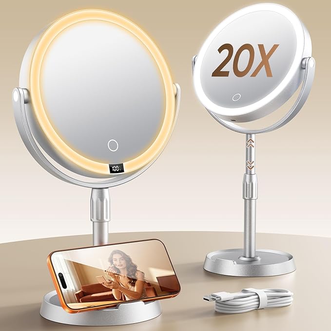 8" ABS Lighted Makeup Mirror with Lights, 1X/20X Magnifying Mirror with Light and Digital Display, 2.6in Height Adjustable, Rechargeable, 3 Color Modes for Makeup & Shaving, Easy to Detach, Women Gift