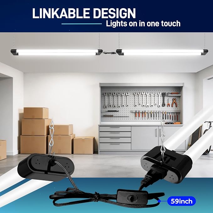 hykolity 4FT 60W LED Shop Light,6500LM[450W Equivalent] 5000K Daylight | Plug-in Utility Linkable Shop Lights for Garage Workshop Warehouse Basement, Ceiling Hanging or Surface,Black,4 Pack
