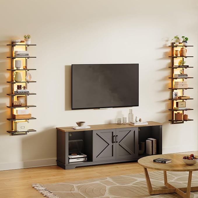 8 Tier Wall Shelf Unit Floating Shelves with LED Light, Vertical Wall Shelf, Wall Mounted Display Shelf for Living Room, Bedroom, Vanity, 15" W x 5.9" D x 58.3" H, Black