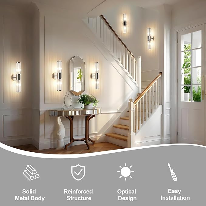 Dual Sconce Vanity Set, Brushed Nickel Wall Light with Clear Glass Rods Shape, Industrial Vanity Lighting for Bathroom Mirror and Modern Bedroom