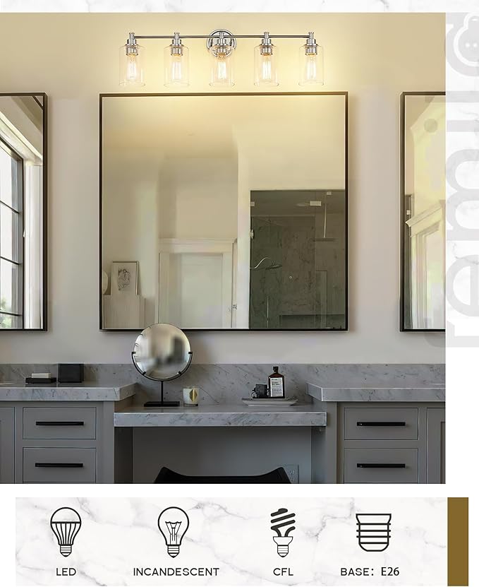 FEMILA 32" Vanity Light,Chrome Modern Bathroom Light Fixtures, 5 Light Bathroom Lights Over Mirror, 4FYC56B-5W CH