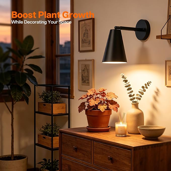 Wall-Mounted Grow Light 25W Full Spectrum Plant Light | 3300K Full Spectrum Plant Light, 350°Adjustable Head, Timer & Black Metal Shade, for Flowers, garden Growing