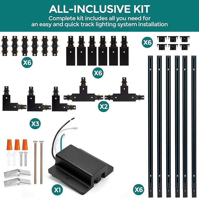 H Track Lighting Rails Kit - iCreating 20ft Black Track Light Tracks 3 Wire with Floating Canopy Connector, I and L Connectors for Single Circuit H Type LED Tracks Lighting Head Fixtures