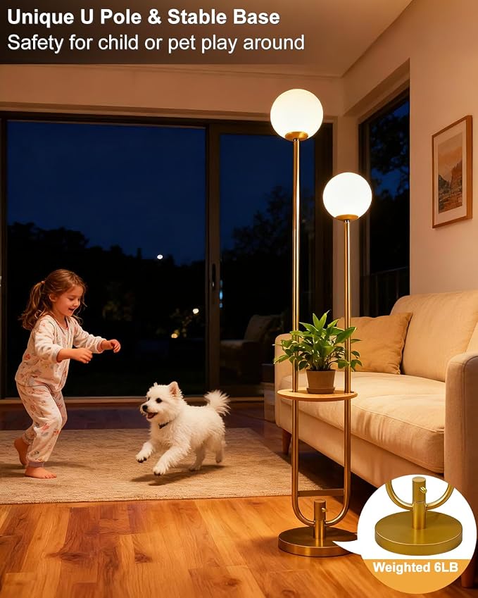 Lightdot 63IN Gold Floor Lamp with Table 2 Globe Mid Century Standing Lamps with 3000K LED Bulbs Unique U-Pole Vintage Floor Lamp with 5Lbs Heavy Base for Living Room/Party/Sofa Beside/Corner Decor