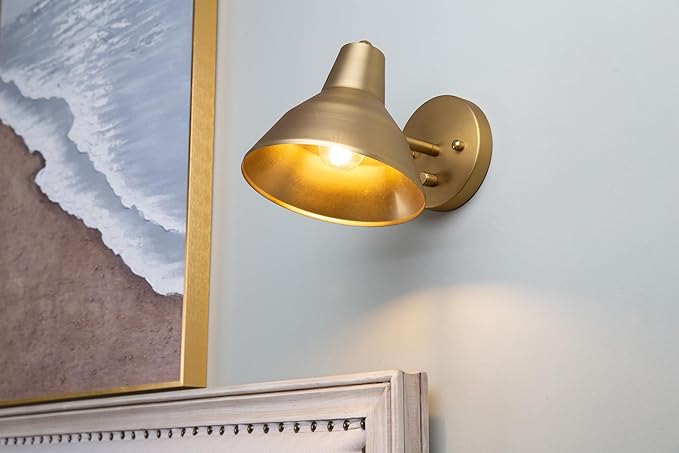 Yosoan Indoor Vanity Wall Sconce with Dimming On Off Switch, 1-Light Hardwired Vintage Wall Mount Metal Lamp Fixture with 6.89" Bowl Metal Shade in-Build Gold Bedside Reading Bedroom Bunk(Antique)